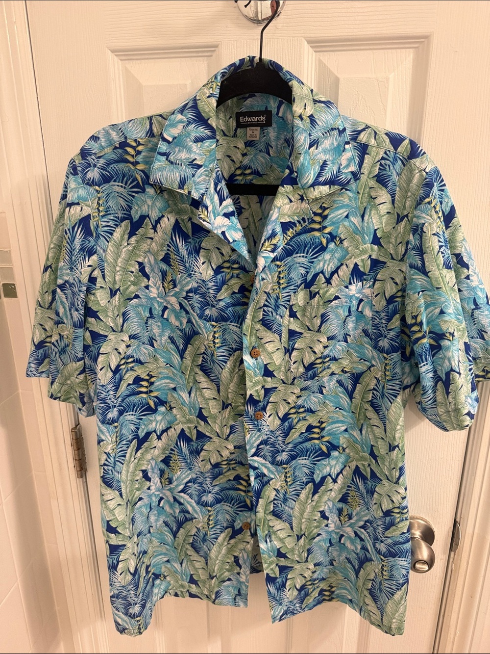 Edwards Men's Blue Tropical Leaf Print Casual Button-Down Shirt